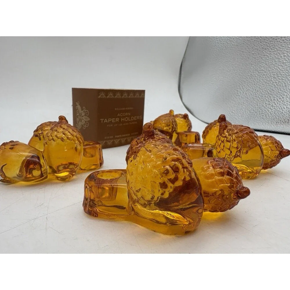 Williams Sonoma Amber Glass Acorn Taper Candle Holders Set 4 Fall Decor